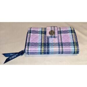 Vera Bradley Large Turnlock Wallet Amethyst Plaid RFID Quilted Zip Around EUC